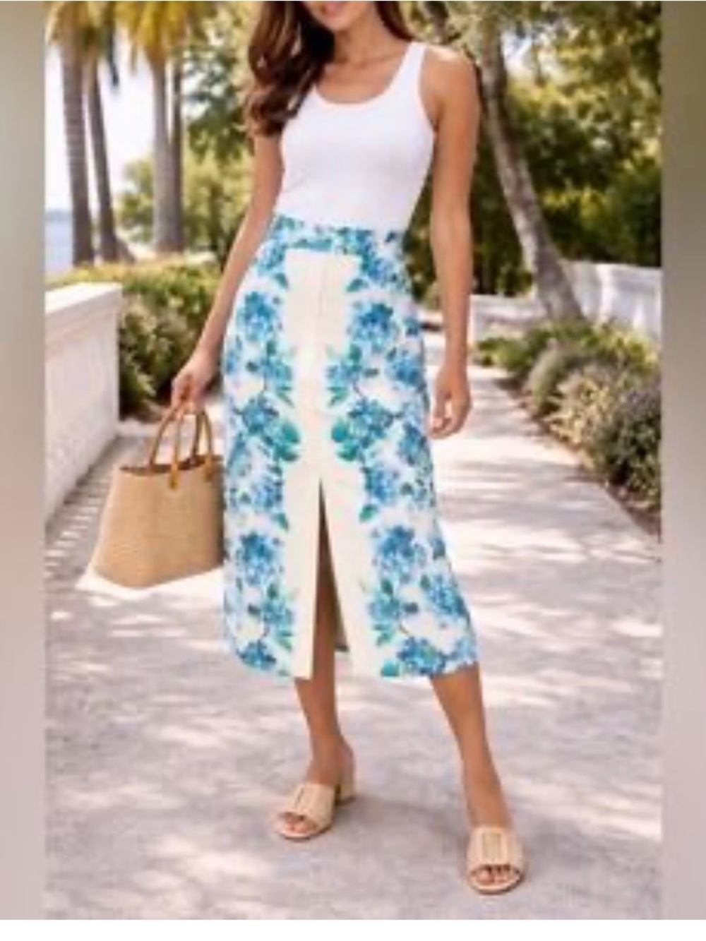 Tuckernuck Cream Midi Skirt with Blue & Green Floral Print